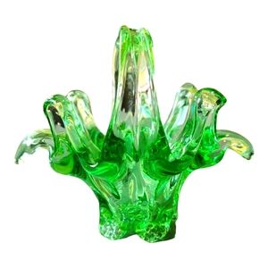Vintage 1960s Hand Blown Green Art Glass Basket